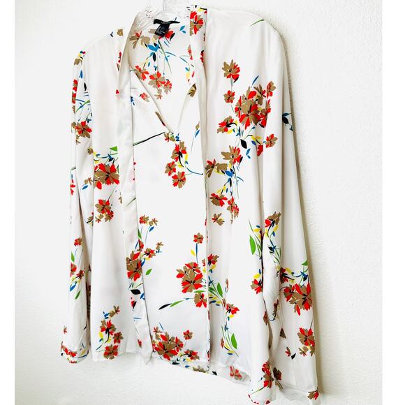 Off White Red Brown Blue Floral Long Sleeve Tie Neck Blouse Top L - Picture 2 of 11